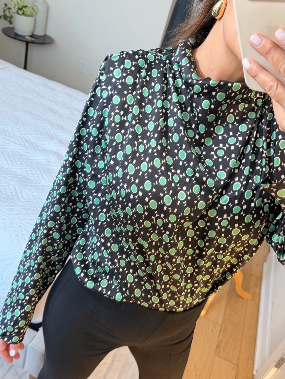 Zara Black Mock-Neck Blouse with Mint Geometric Print
